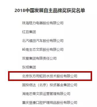 东方雨虹荣获2018中国发展自主品牌奖